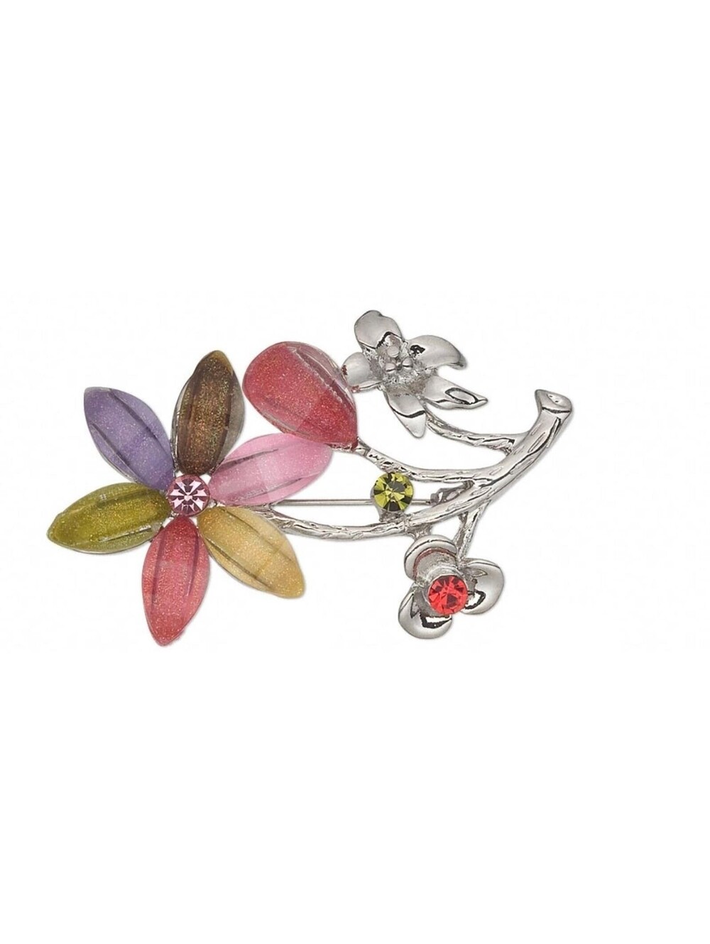 Vintage Czech Crystal Multicolor Resin Flower Silver Plated Brooch Sweater Pin